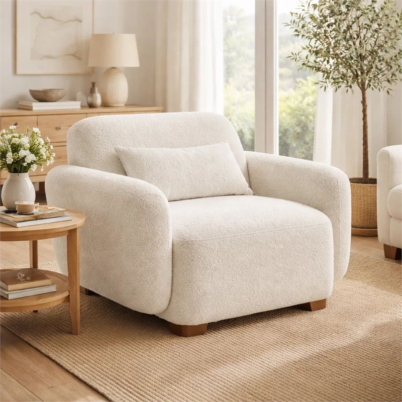 Benjara Loem Sofa Chair w Accent Pillow- Box Style Seat- Beige Boucle Fabric
