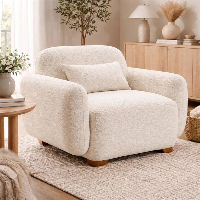 Benjara Loem Sofa Chair w Accent Pillow- Box Style Seat- Beige Boucle Fabric