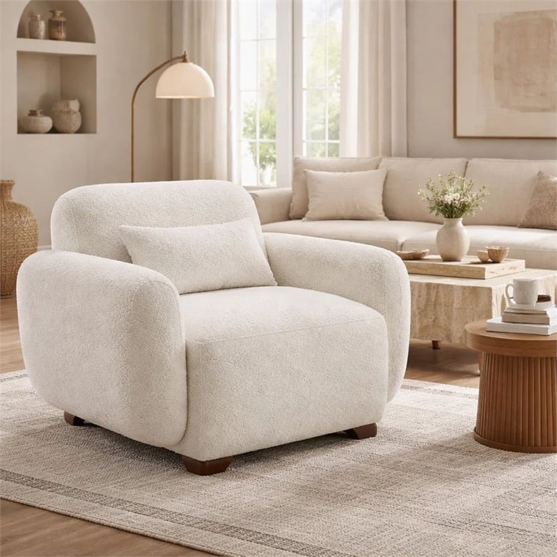 Benjara Loem Sofa Chair w Accent Pillow- Box Style Seat- Beige Boucle Fabric