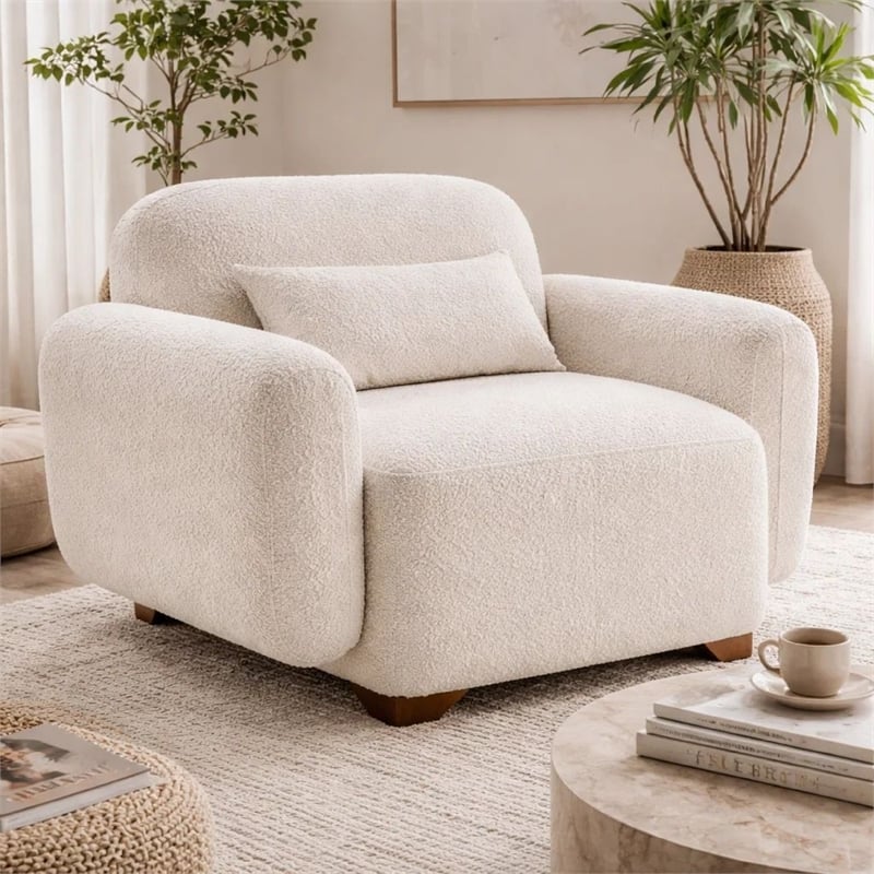 Benjara Loem Sofa Chair w Accent Pillow- Box Style Seat- Beige Boucle Fabric
