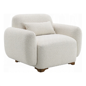 Benjara Loem Sofa Chair w Accent Pillow- Box Style Seat- Beige Boucle Fabric
