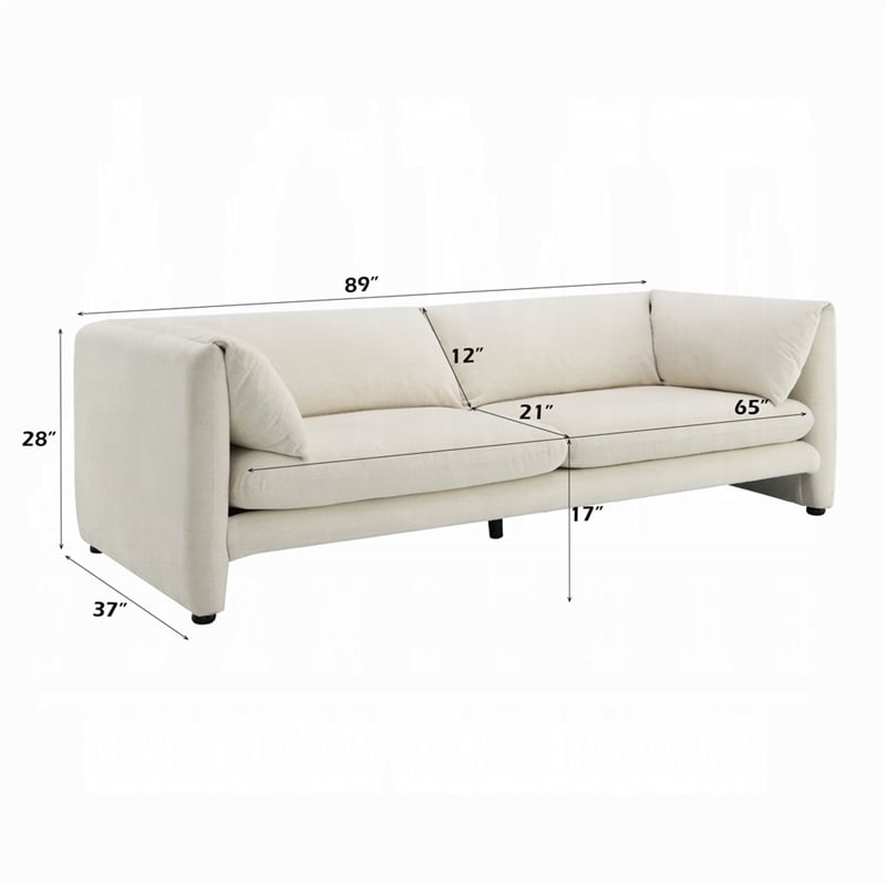 Benjara Kami Sofa- Slim Minimalist Pillow Armrests- Modern Ivory Linen 89 Inch