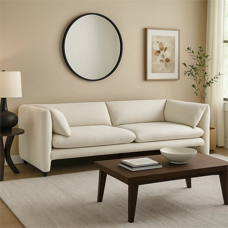 Benjara Kami Sofa- Slim Minimalist Pillow Armrests- Modern Ivory Linen 89 Inch