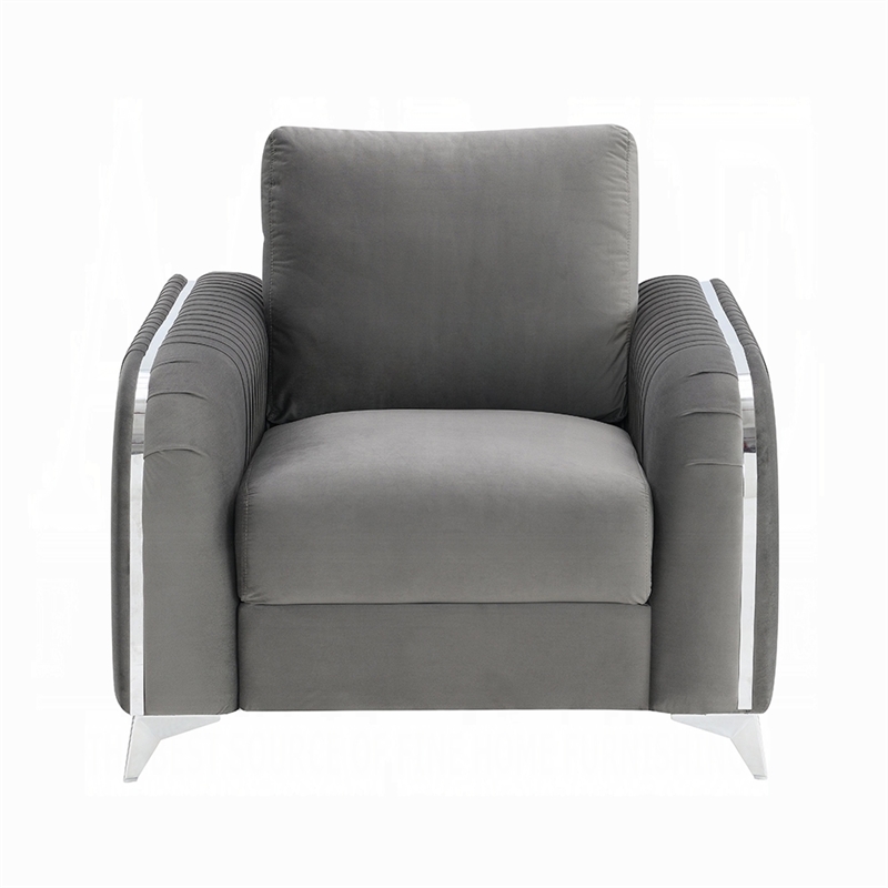 Benjara Wiena Accent Chair- Contemporary Chrome- Pleated Gray Velvet 79 Inch