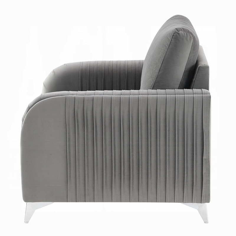 Benjara Wiena Accent Chair- Contemporary Chrome- Pleated Gray Velvet 79 Inch