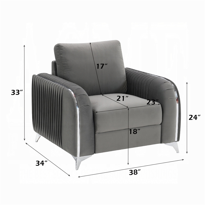 Benjara Wiena Accent Chair- Contemporary Chrome- Pleated Gray Velvet 79 Inch