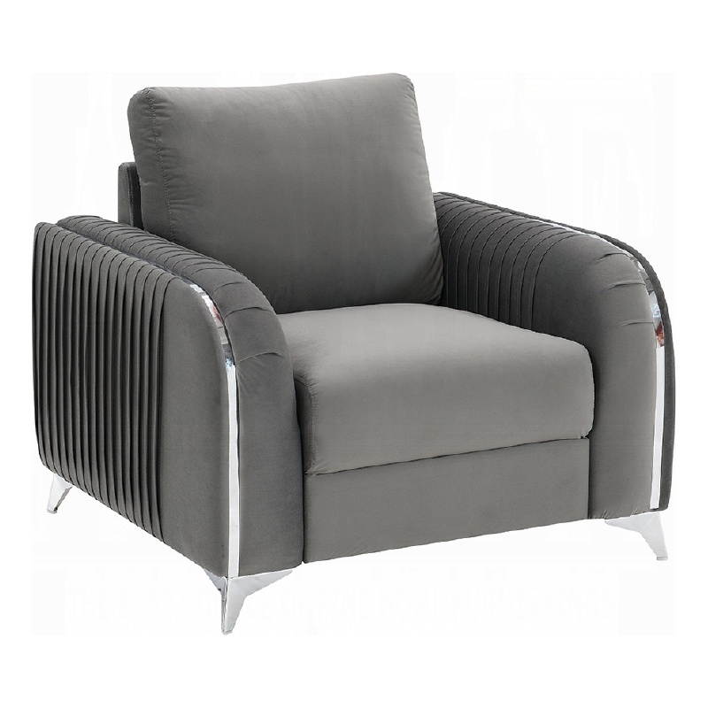 Benjara Wiena Accent Chair- Contemporary Chrome- Pleated Gray Velvet 79 Inch