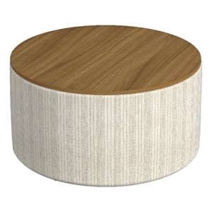 Benjara Jena Storage Ottoman- 30&quot Round Lift Tray Top- Ivory Pinstripes