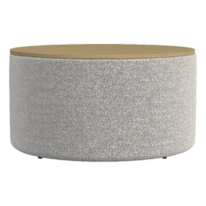 Benjara Mesy Storage Ottoman- 30&quot Round Lift Tray Top- Light Gray Boucle