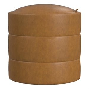 Benjara Pero Storage Ottoman- 18&quot Round Removable Lid- Brown Faux Leather