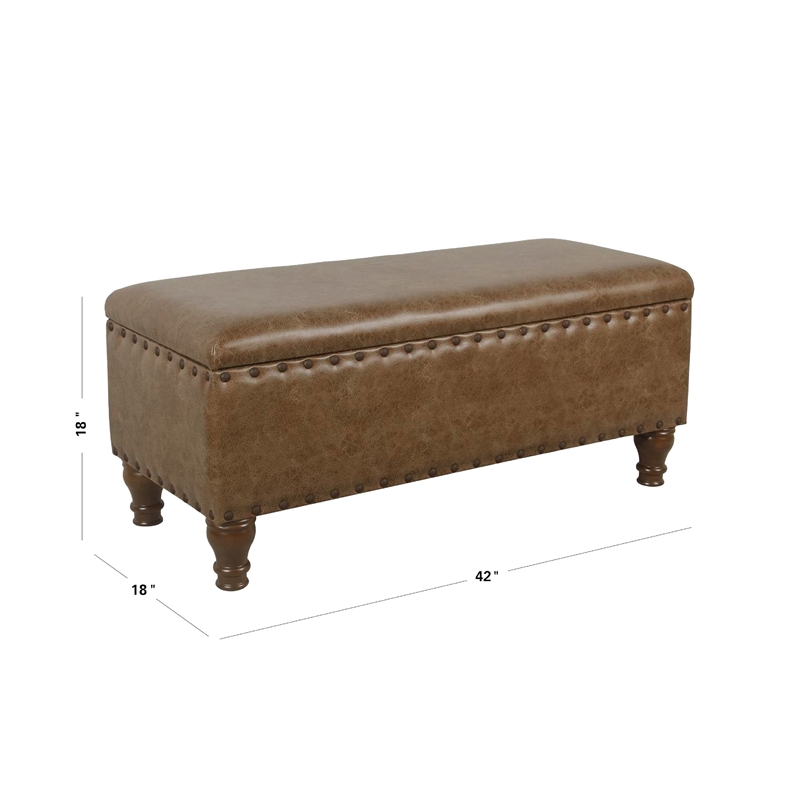 Benjara Ava Accent Storage Bench- Distressed Brown Faux Leather- 42 Inch