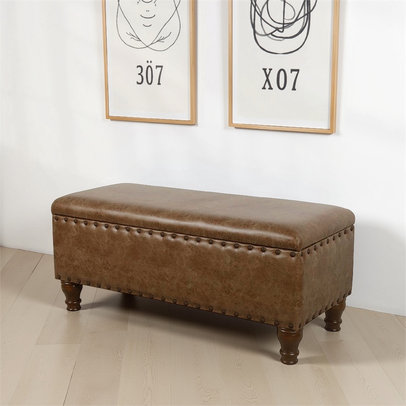 Benjara Ava Accent Storage Bench- Distressed Brown Faux Leather- 42 Inch