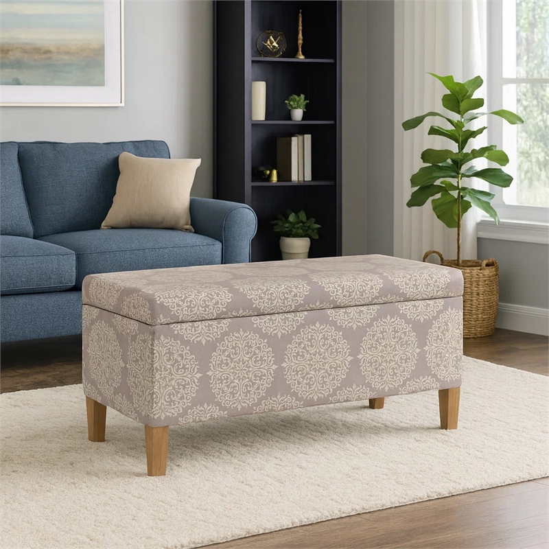 Benjara Ben Storage Bench Ottoman- Light Brown Medallion Design- 36 Inch