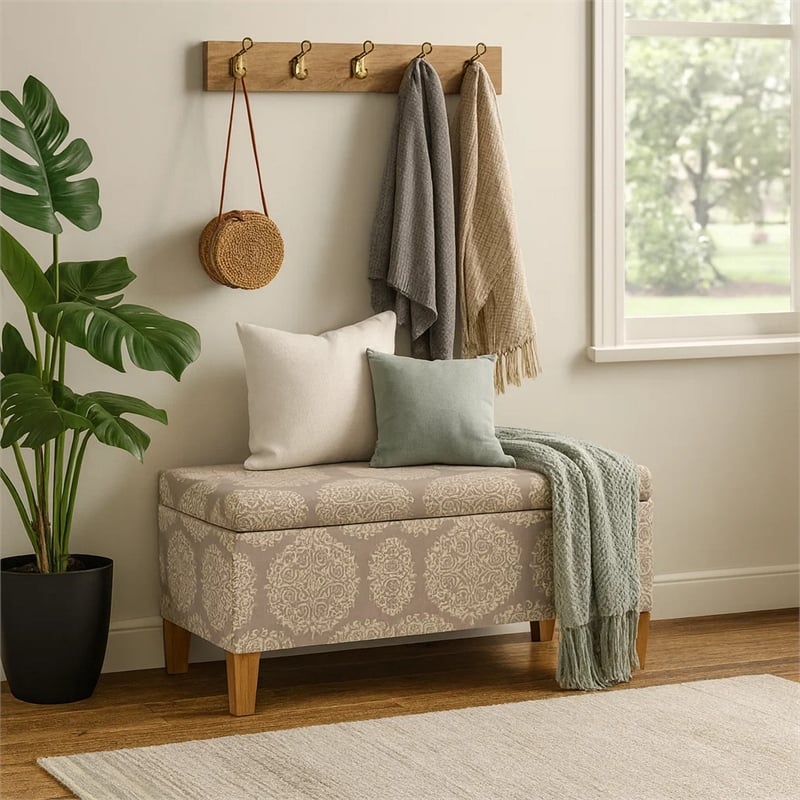 Benjara Ben Storage Bench Ottoman- Light Brown Medallion Design- 36 Inch
