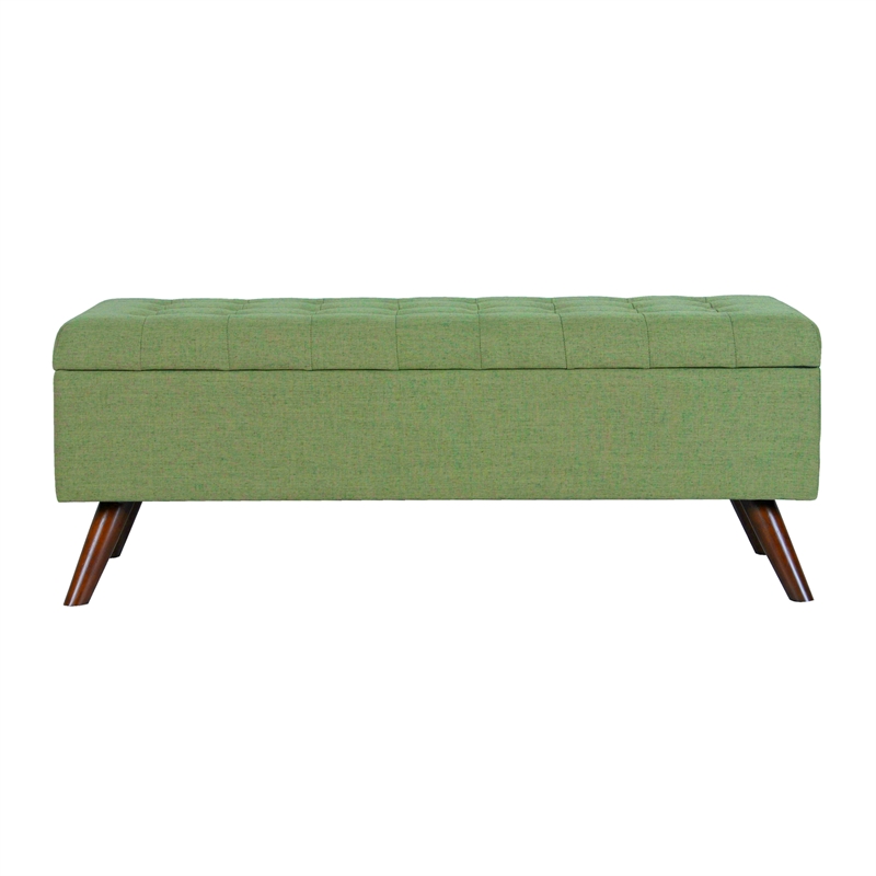 Benjara Eva Storage Bench Ottoman- Olive Green Woven Polyester- Brown- 48 Inch