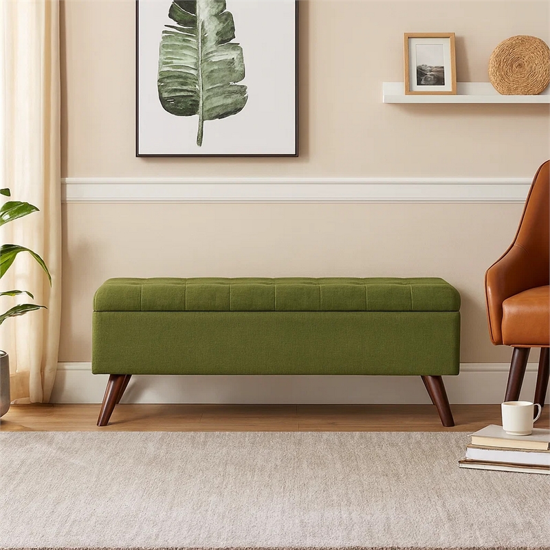 Benjara Eva Storage Bench Ottoman- Olive Green Woven Polyester- Brown- 48 Inch