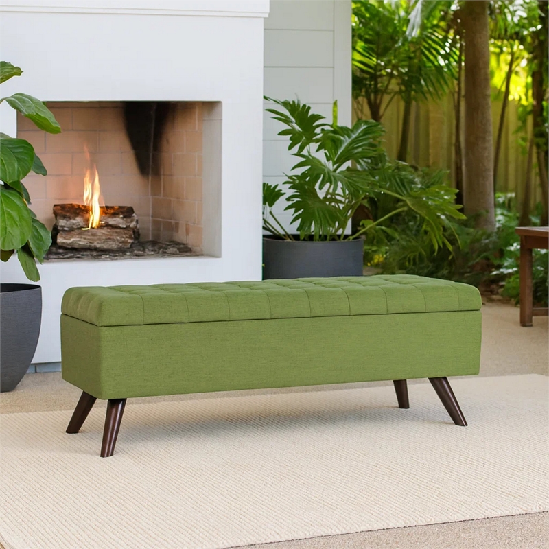 Benjara Eva Storage Bench Ottoman- Olive Green Woven Polyester- Brown- 48 Inch
