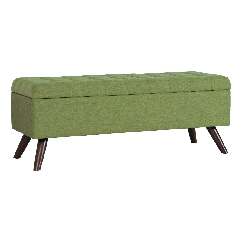Benjara Eva Storage Bench Ottoman- Olive Green Woven Polyester- Brown- 48 Inch