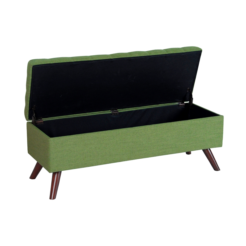 Benjara Eva Storage Bench Ottoman- Olive Green Woven Polyester- Brown- 48 Inch