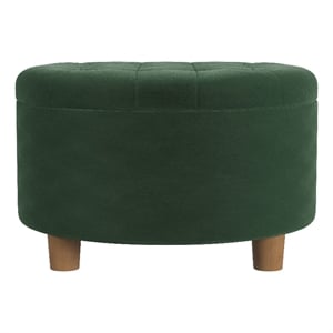 Benjara Jo Storage Ottoman- 28&quot Round Tufted Lift Top- Olive Green Velvet