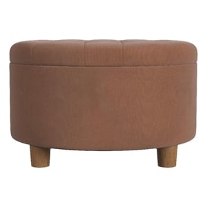 Benjara Jo Storage Ottoman- 28&quot Round Tufted Lift Top- Spice Brown Velvet