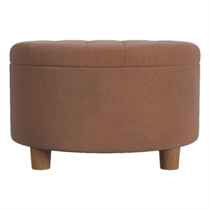 Benjara Jo Storage Ottoman- 28&quot Round Tufted Lift Top- Spice Brown Velvet