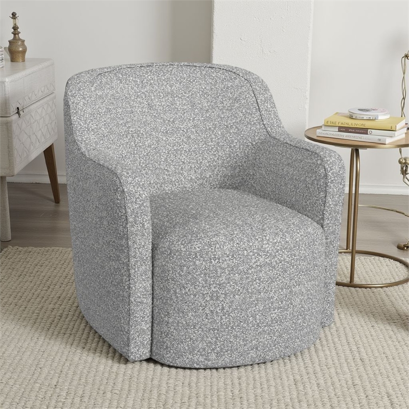 Benjara Kopi Swivel Accent Club Chair- Cream and Gray Boucle- Curved Backrest