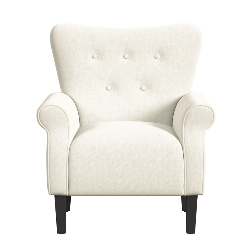 Benjara Mowo Accent Armchair- Classic Button Tufted Back- White Woven Fabric