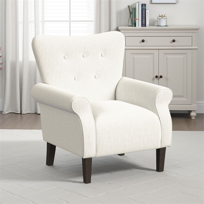 Benjara Mowo Accent Armchair- Classic Button Tufted Back- White Woven Fabric