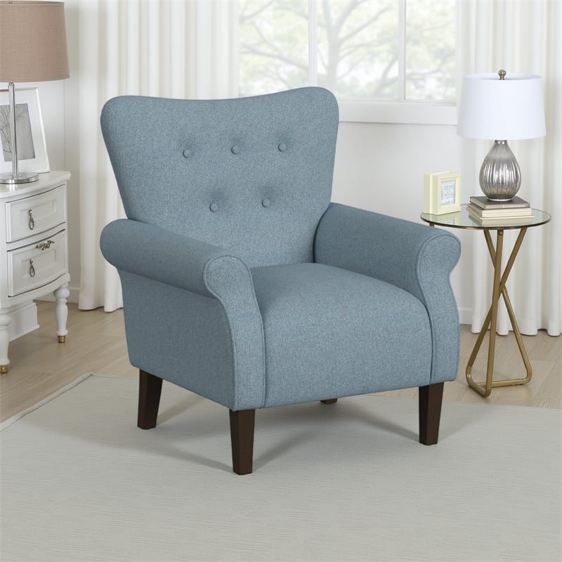 Benjara Mowo Accent Armchair- Classic Button Tufted Back- Blue Woven Fabric
