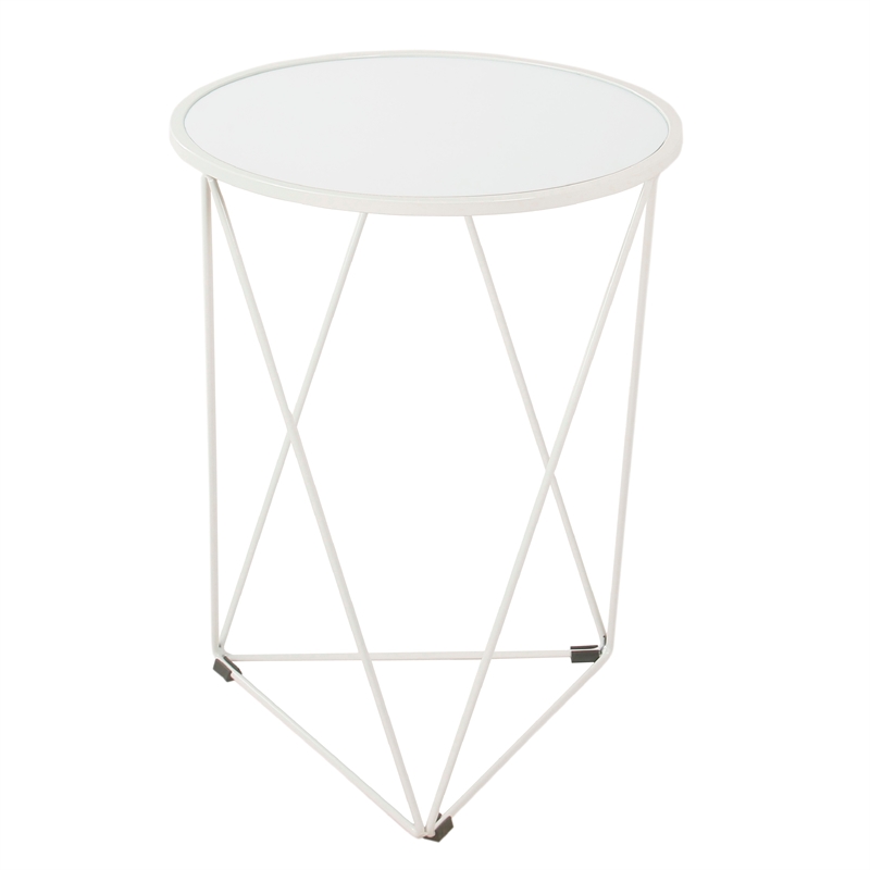 Benjara Accent Table- 18 Inch- Round Mirror Top and Open White Metal Base