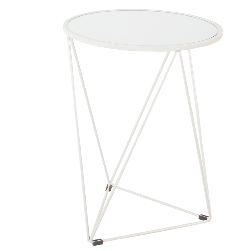 Benjara Accent Table- 18 Inch- Round Mirror Top and Open White Metal Base