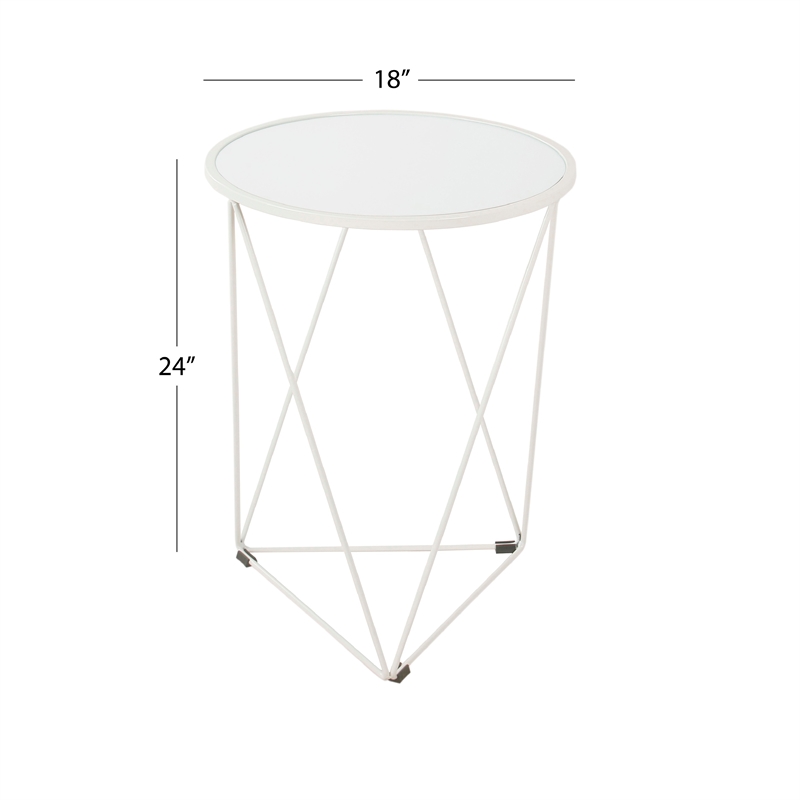 Benjara Accent Table- 18 Inch- Round Mirror Top and Open White Metal Base
