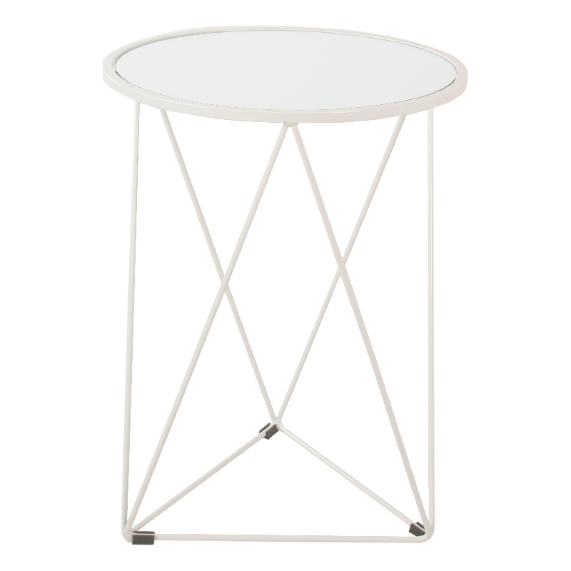 Benjara Accent Table- 18 Inch- Round Mirror Top and Open White Metal Base