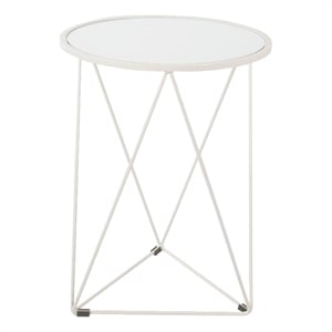Benjara Accent Table- 18 Inch- Round Mirror Top and Open White Metal Base