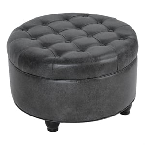 Benjara Gery Storage Ottoman- 25&quot Round Tray Top- Dark Gray Faux Leather