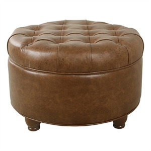 Benjara Gery Accent Storage Ottoman- 25&quot Round Tray Top Brown Faux Leather