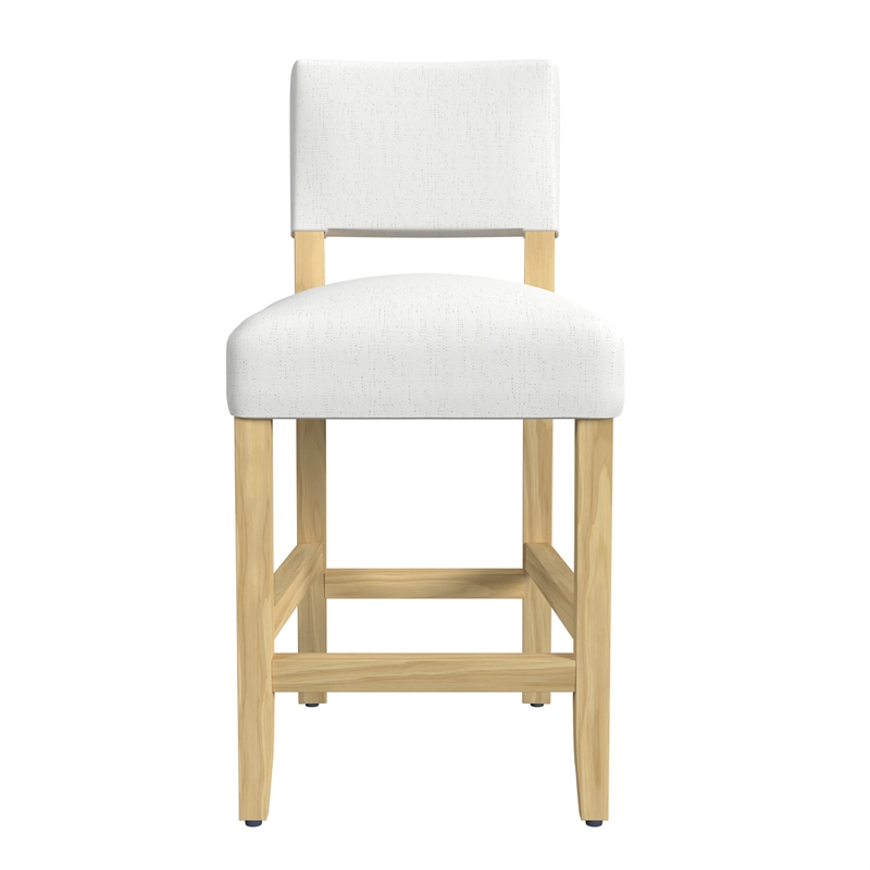 Benjara Bowo Counter Stool Chair- White Fabric Seat- Brown Hardwood Legs