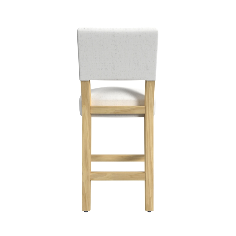 Benjara Bowo Counter Stool Chair- White Fabric Seat- Brown Hardwood Legs