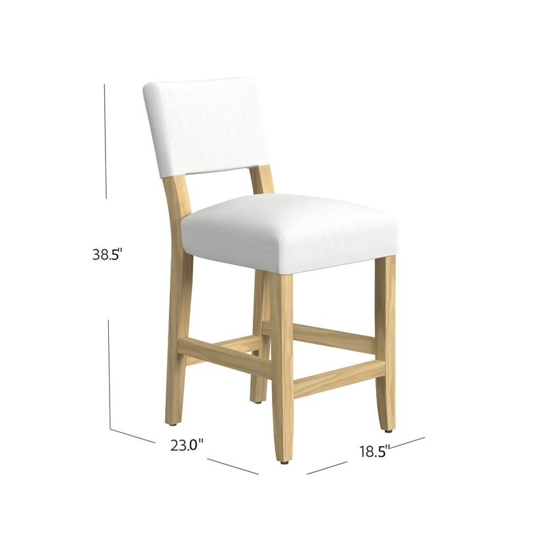 Benjara Bowo Counter Stool Chair- White Fabric Seat- Brown Hardwood Legs