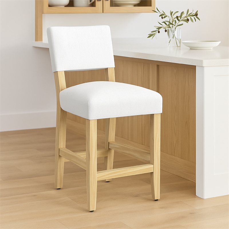 Benjara Bowo Counter Stool Chair- White Fabric Seat- Brown Hardwood Legs
