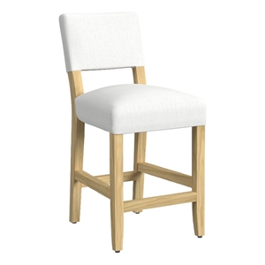 Benjara Bowo Counter Stool Chair- White Fabric Seat- Brown Hardwood Legs