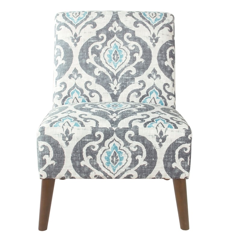 Benjara Armless Accent Chair- Vintage Medallion Print- Blue White Polyester