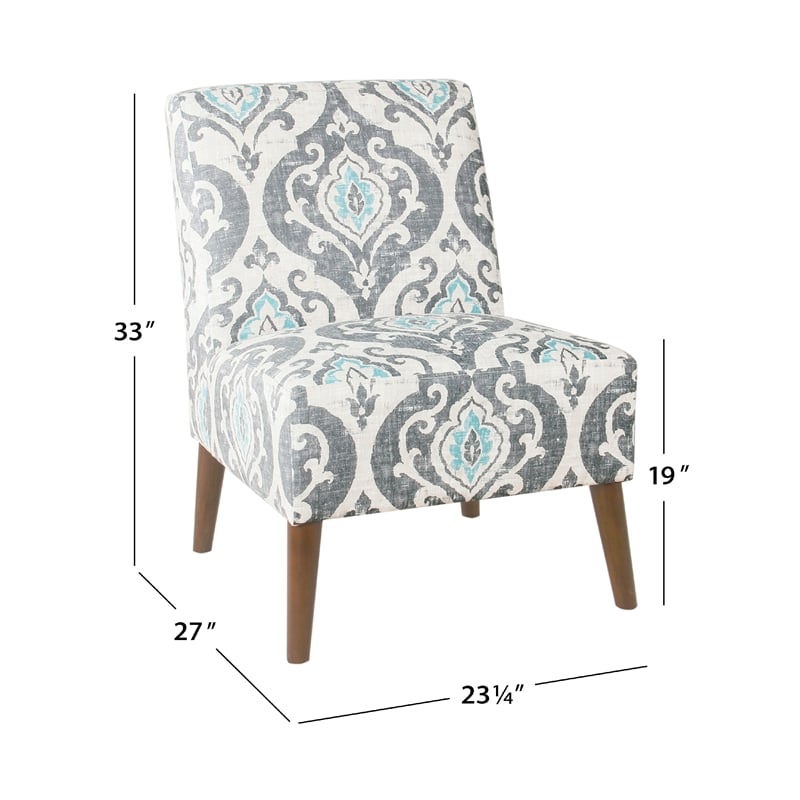 Benjara Armless Accent Chair- Vintage Medallion Print- Blue White Polyester