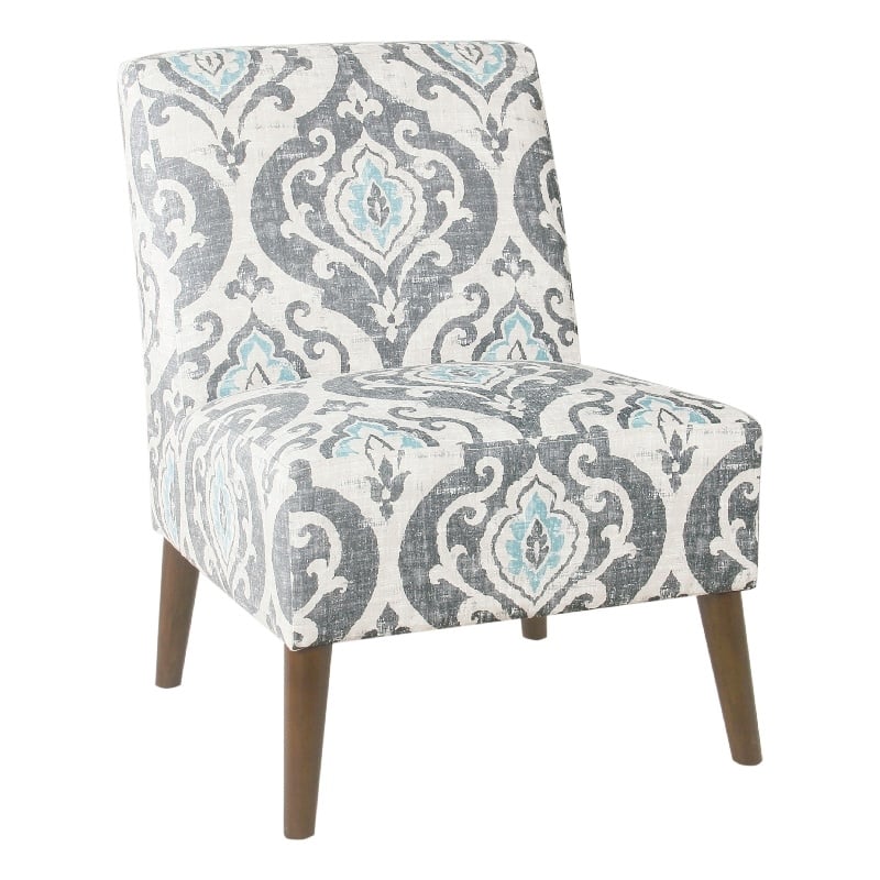 Benjara Armless Accent Chair- Vintage Medallion Print- Blue White Polyester