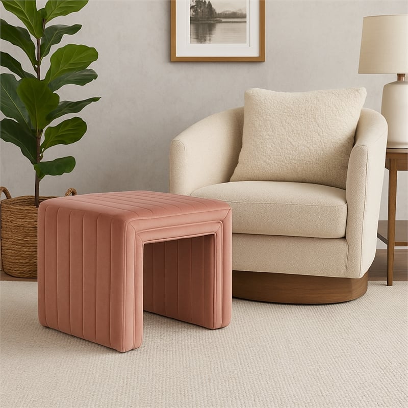 Benjara Ada Footstool Ottoman with Channel Tufted Blush Pink Velvet- 19 Inch