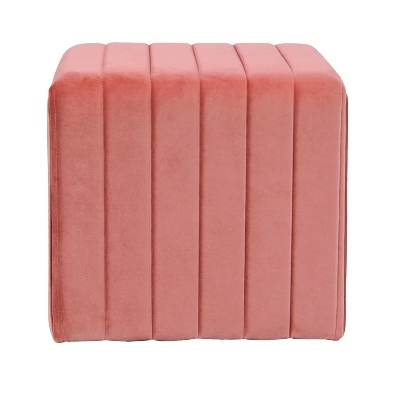 Benjara Ada Footstool Ottoman with Channel Tufted Blush Pink Velvet- 19 Inch