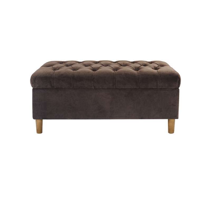 Benjara Sol Storage Bench Ottoman- Chocolate Brown Velvet- Wood- 40 Inch