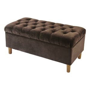 Benjara Sol Storage Bench Ottoman- Chocolate Brown Velvet- Wood- 40 Inch
