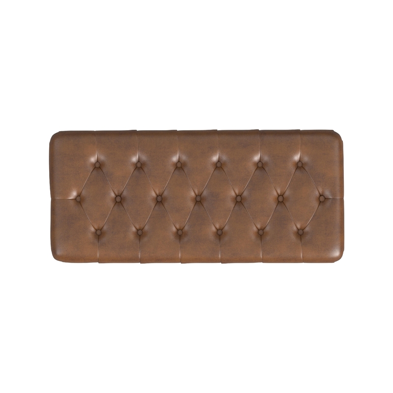 Benjara Sol Storage Bench Ottoman- Brown Faux Leather and Hardwood- 36 Inch